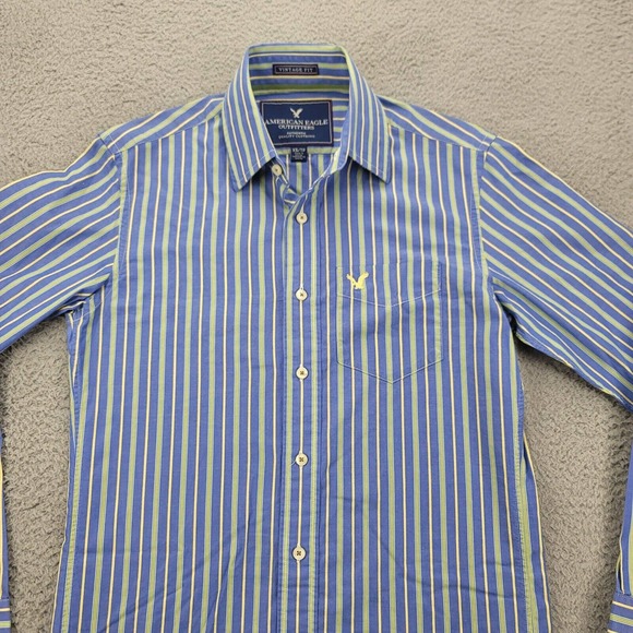 America Eagle Shirt Mens XS Blue Striped Vintage Fit Button Up Classiccore Logo - Picture 5 of 13